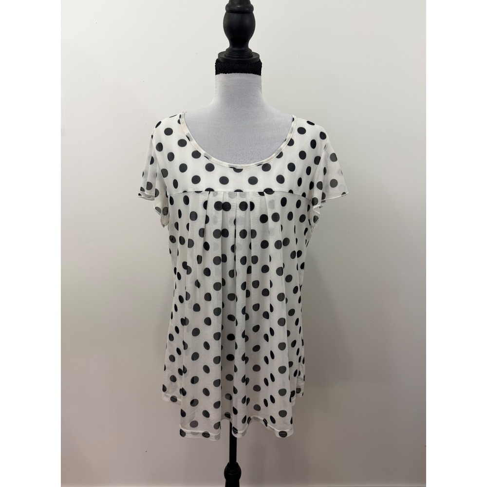Furnex‎ Womens XL Polka Dot Flutter Sleeve Pleated Scoop Neck Blouse White Black